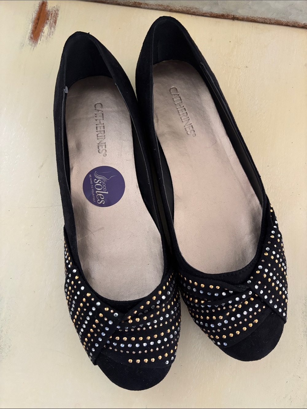Catherines Black Flats round toe with Gold & Silver Stud Detail Womens size 10W